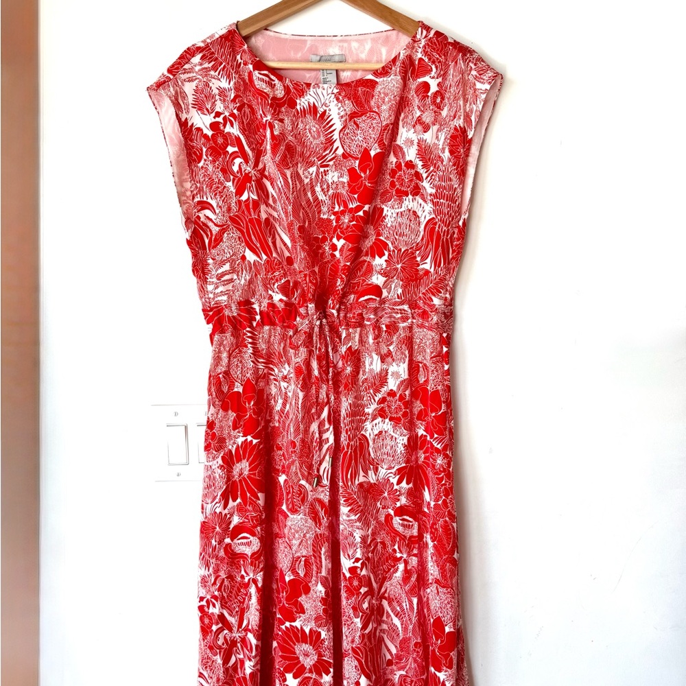H&M Red Floral Midi Dress sz 6